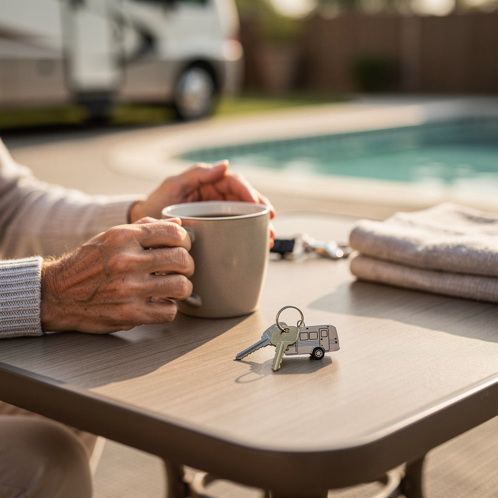 Coronado Palms Mobile Home & RV Park community area showcasing the peaceful, age-restricted 55+ living environment in San Diego